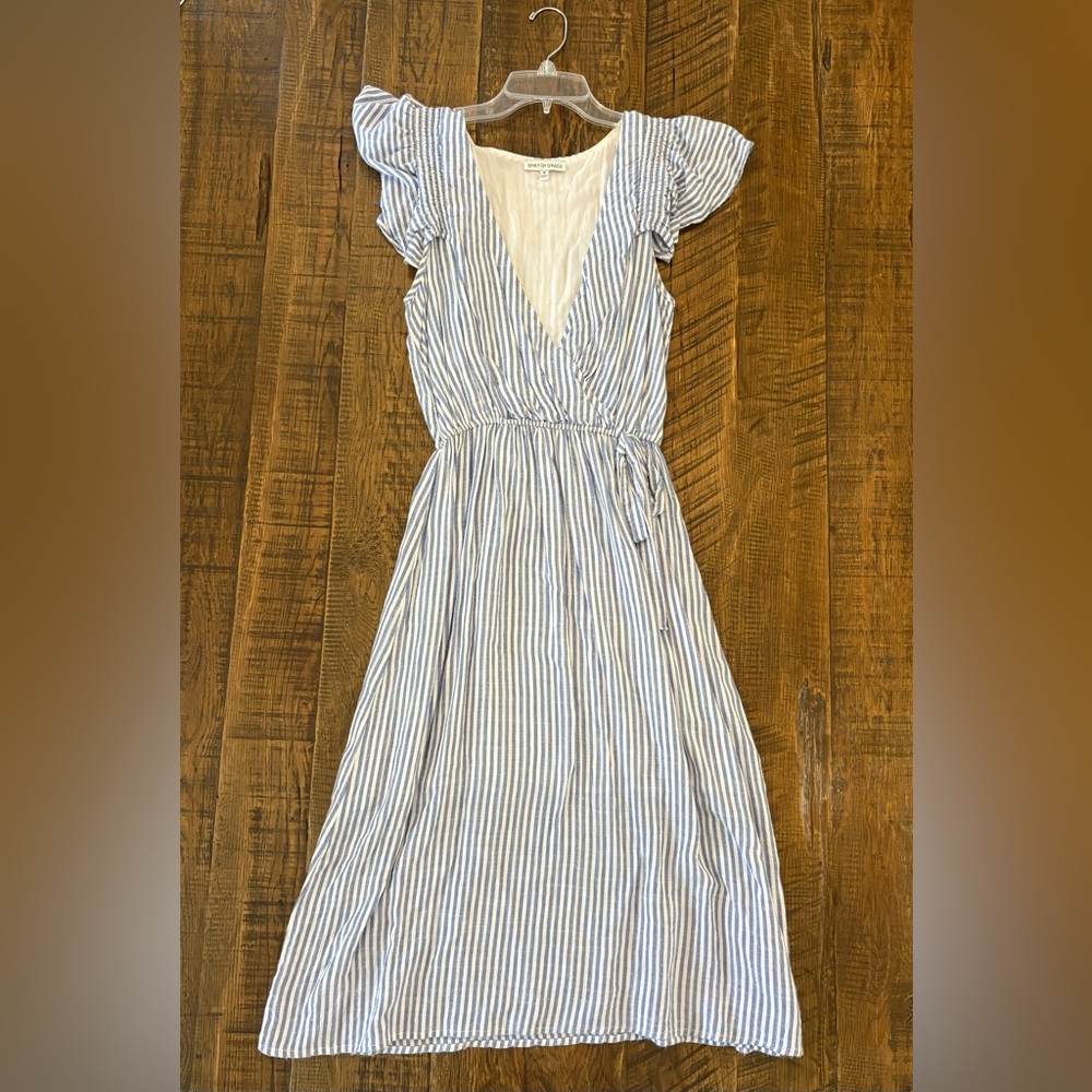 Light Blue and White Striped V-Neck Midi Dress
